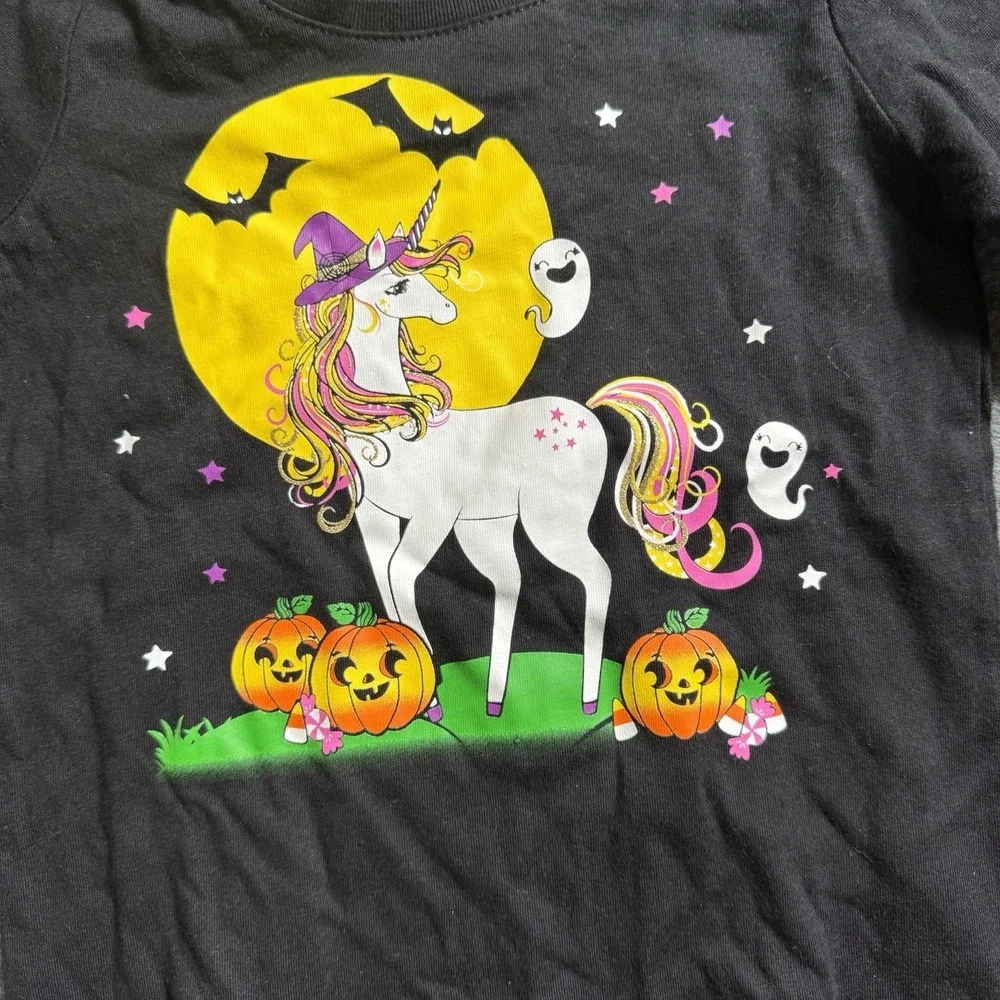 The Childrens Place Kids Halloween Shirt Black Long Sleeve Unicorn Pumpkins 4T